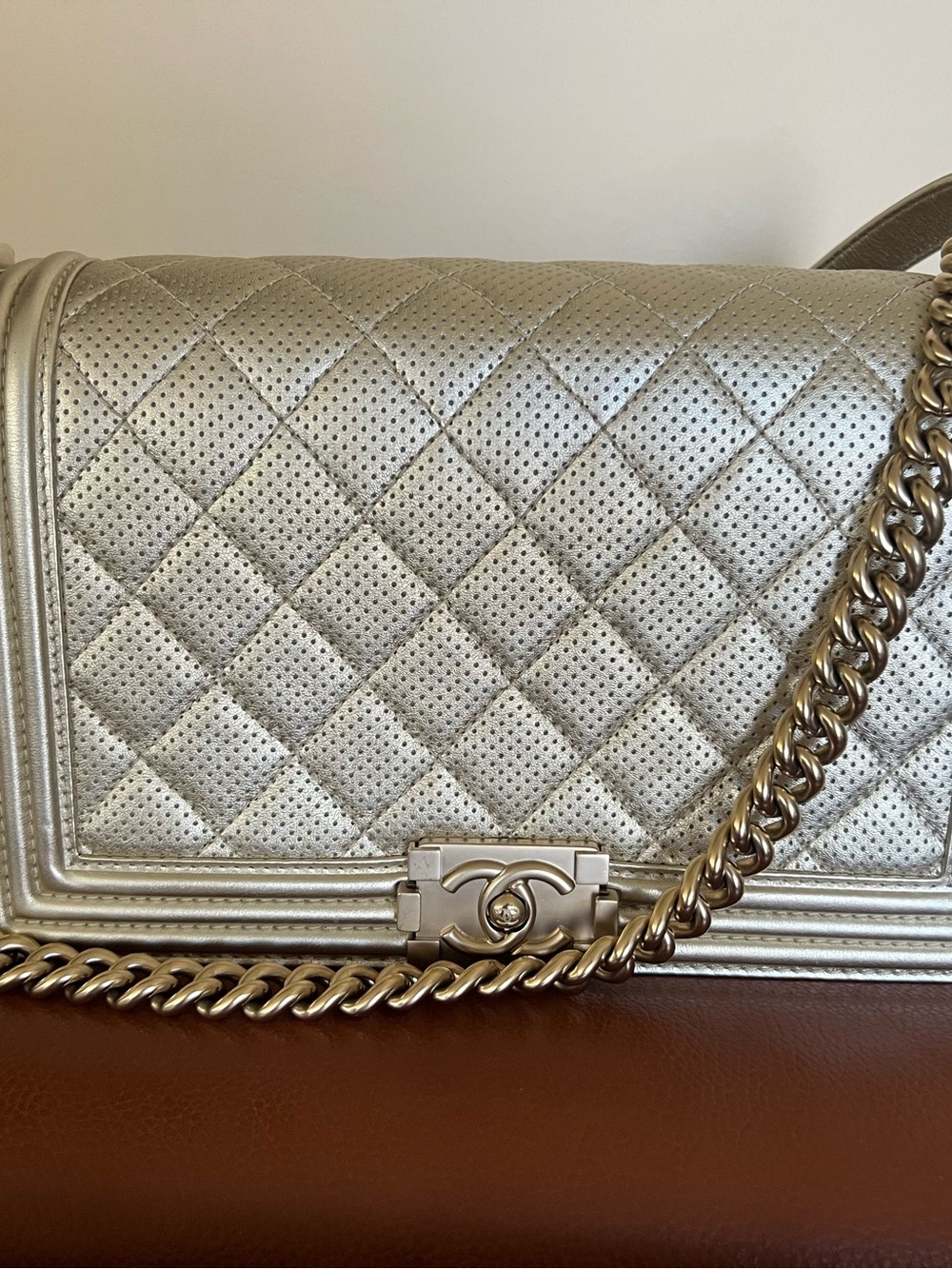 CHANEL Quilted Perforated Boy Shoulder Bag - Metallic Silver